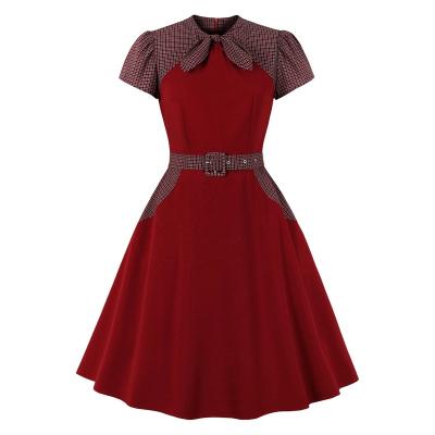 China MXN-3068 Women's Vintage Red Tie Bow Christmas Patchwork Breathable Sailor Plaid Dress for sale