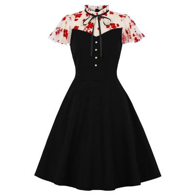 China Women's Breathable Buttons Floral Embroidery Mesh Frill Neck Vintage Dress MXN-3065 for sale