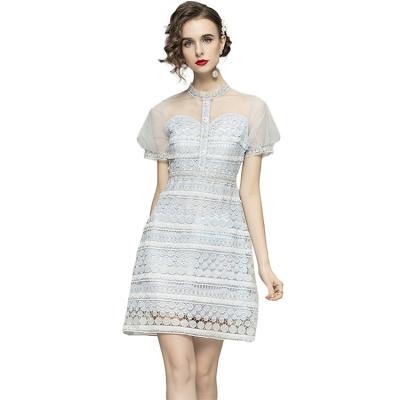 China Breathable Ladies Lace Up Tight Dress Puff Sleeve Lace Up Hollow Out Quilting Dress for sale