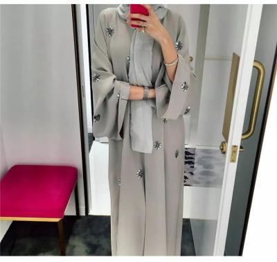 China Modest Muslimah Styling Gray Garment Fashion Embroider Abaya Cape Beaded Muslim Maxi Dress Long Sleeve Dress for sale
