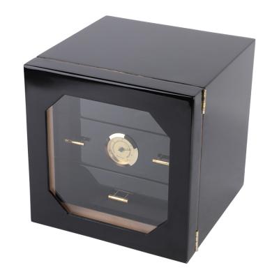China Luxury Fancy modern luxury 3 black wooden lined trays desktop cabinet cigar humidor box Wholesale Customized for sale
