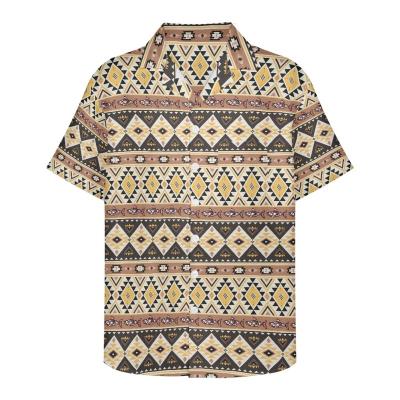 China Breathable African Tribal Print Men's Cuban Shirt Customized Summer Men's Casual Hawaiian Beige Men's Shirt Button Lapel Shorts Sleeve Top MOQ1 for sale