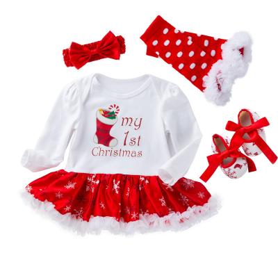 China Long Sleeve Newborn Girl Baby Rompers Clothes 4 Pieces Set Dress+Shoes+Socks+Headband For Toddler Kids 0-24 Months for sale