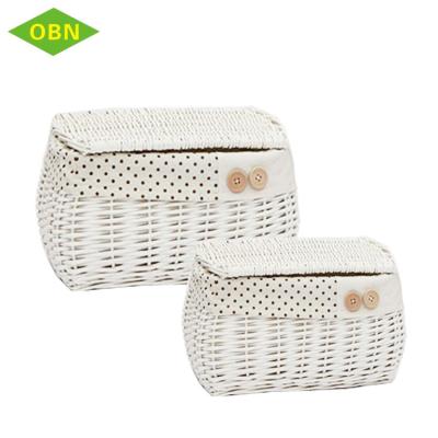 China Small Sustainable Handmade Round Woven Sundries Shallow White Storage Baskets With Lids for sale