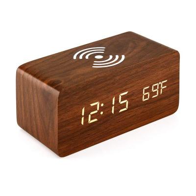 China Modern Wooden MDF Digital Voice Activated Alarm Clock 5W Wireless Charger for sale