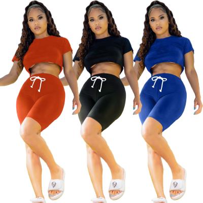 China Anti-pilling Biker Shorts Sets Women 2 Piece Fit High Elastic Waisted Shorts And Full Sleeve Short Crop For Active Casual Workout Wear for sale