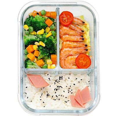 China Freshness Preservation 3 Compartment Borosilicate Glass Food Container With Airtight Lid Microwave Safe for sale