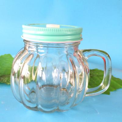 China Viable Custom Design Pumpkin Shaped Glass Embossed Mason Jar 350ml With Straws for sale