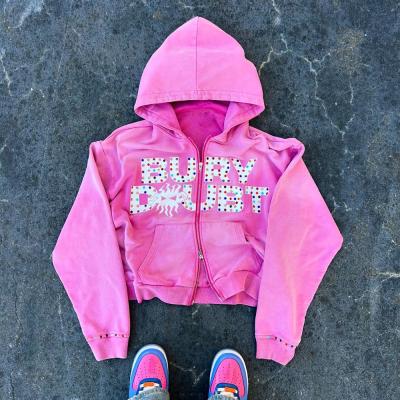 China Custom Vintage Washed Fleece French Terry Heavyweight Thick Crystal Rhinestone Double Zip Up Hoodie Men for sale