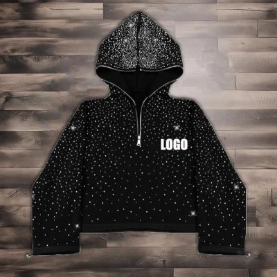 China Streetwear custom 380 500gsm men's french terry fleece all over print rhinestone boxy cropped full face half zip up hoodie men for sale