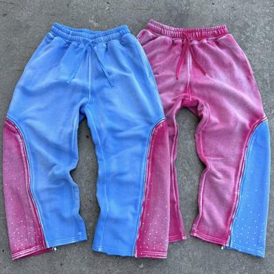 China Custom Double Waist Heavyweight Cotton Vintage Acid Wash Sweat Pants Distressed Rhinestone Wide Leg Sweatpants for Men for sale