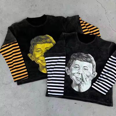 Cina Produttore su misura Acid Wash 350gm T-shirt grafico pesante T-shirt stampato a strisce doppio strato T-shirt manica lunga Uomini in vendita