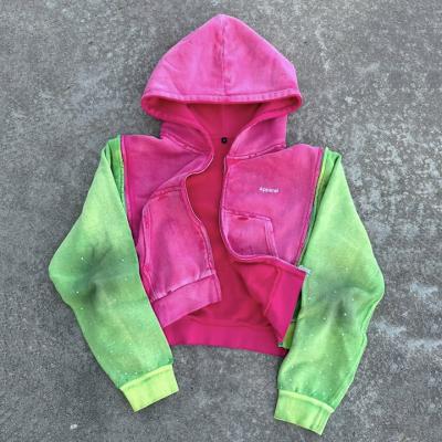 China 2025 Custom Streetwear Vintage Acid Wash Verblüfftes Bedürftiges Strassbox Fit Dreifach Reißverschluss Schnitt Hoodie für Männer zu verkaufen