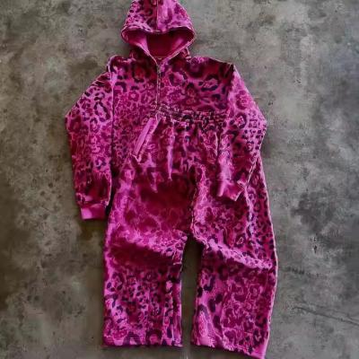 Κίνα Προσαρμοσμένα γαλλικά Terry Tracksuits Leopard Print Zipper Sweatpants και Hoodie Set Baggy Jogger Set Streetwear Men 2 κομμάτια σετ προς πώληση