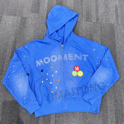 China Custom Washed Sun Faded Distressed Mens Cropped Cotton Terry Heavyweight 420 Gsm Zip Up Rivet Studded Rhinestone Hoodie for sale