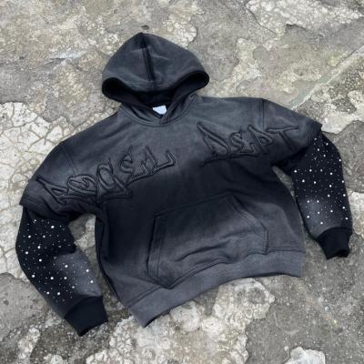 China Custom Washed Sun Faded Distressed Mens Cropped Cotton Terry Heavyweight 420 Gsm Zip Up Rivet Studded Rhinestone Hoodie for sale