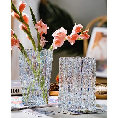 China Modern INS Wind Water Raised Flower Arrangement Living Room Decoration Ornaments Glacier Handmade Oval Pattern Clear Glass Vase for sale
