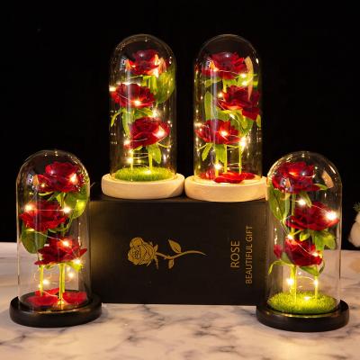 China Creative Simulated Christmas and Valentine's Day Beautiful Three Colorful Gift Roses Glass Cover Decoration Gift LED Lamp Decoration Gift for sale