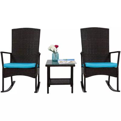 China Modern Outdoor Garden Rocking Chair Rattan Rocker Chair Sun Wicker Lounge With Cushion and Tea Table 3pcs for sale