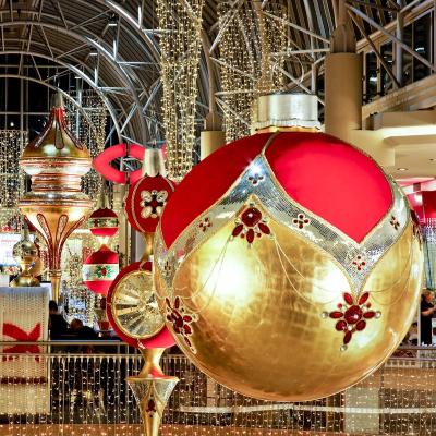 China City Center Plaza Large Christmas Yard Balls Fiberglass Hanging Hotel Lobby Ceiling Decoration Colourful Christmas Balls with Lights for sale