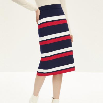 China Anti-Static Women Autumn Knitting Casual Striped Design Knee Length Cashmere Skirt for sale