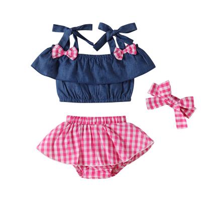 China Breathable Cute Baby Cotton Off Shoulder Infant Mini Tops Suit Plaid Pattern Two Pieces Clothes Set for sale