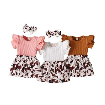 China Casual Solid Rib Children Three Pieces Set Breathable Cotton Complements Printed Skirt Set for sale
