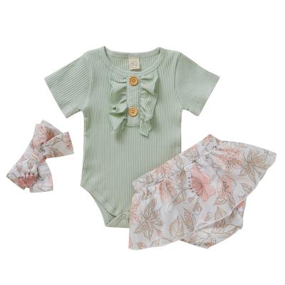 China Breathable Summer Baby Short Sleeve Ribbed T-Shirt Set Ruffle Button Kids Clothing for sale