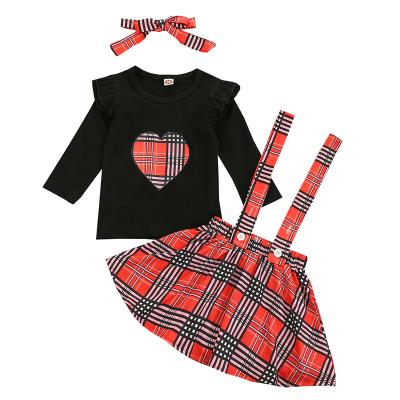 China Foreign Trade Casual Children's Clothing New Valentine's Day Girls' Plaid Love Top Skirt Set for sale