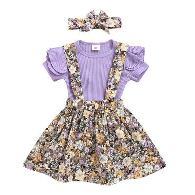 China New Casual Girls Three Piece Printed Bow Children's Suspender Skirt Set for sale