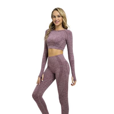 China 2021 QUICK-DRY New Knitted Yoga Clothes Quick-drying Sports Long Sleeve European and American Fitness Pants Women Seamless Yoga Suitit for sale
