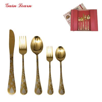 China Winning Viable Learn 20/24 Piece Stainless Steel Spoon Fork Knife With Christmas Pattern Gold Gift Set Christmas Cutlery for sale