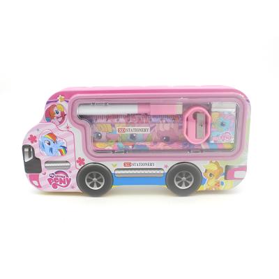 China Hot Sale Recyclable Customized Car Shape Set Metal Hinged Case Kids Tin Pencil Box for sale