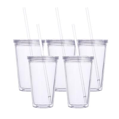 China 16oz Double Wall Acrylic Clear Plastic Drinking Cup Tumbler Stocked With Lid And Straw for sale