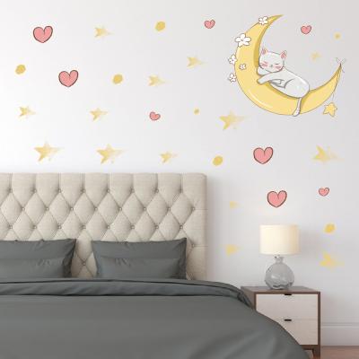 China Waterproof+Eco-friendly Cartoon Moon Star And Kitten Come With PVC Self Adhesive Removable Decorative Wall Sticker for sale