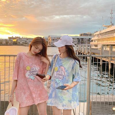 China Breathable Global Hot Selling Ladies Tie-Dye Korean Cartoon Print Summer Female Students Short Sleeve Mid Length T-shirt New for sale