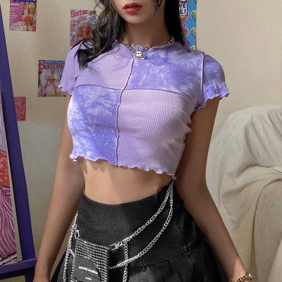 China Breathable Ladies Tie Dye Top Short Sleeve Casual Tie Dye T-shirt Round Neck Ruffled Over Ankle T-Shirt for sale