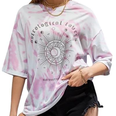 China Europe 2022 anti-shrink and the United States large size women's new sunflower letter round neck printing women's tie-dyeing T-shirt for sale