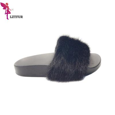 China Fashion Trend Open House Black Fluffy Toe Raccoon Fur Slides For Women for sale