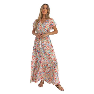 China New Design Breathable Women's Sexy V-Neck Sleeve Printing Spirit Print Floral Short Casual Dress Good Quality for sale