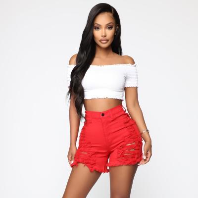 China Fashionable Hole Red QUICK DRY Summer Denim Shorts for sale