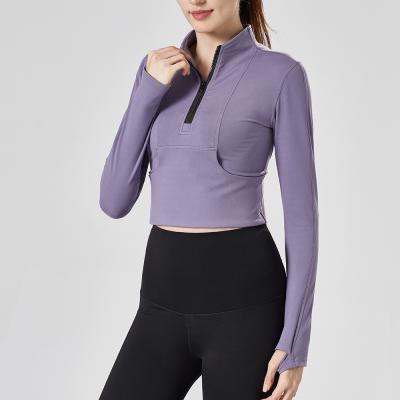 China Breathable Sports Crop Long Sleeve Zipper Top Half Jacket Yoga Wear Fitness Gym Clothing For Women Sports Jacket for sale