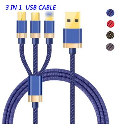 China Fast Charging Speed Fast Charging 1.2m 4FT Gold Plated Two Color Denim Usb Charging Cable Three-in-One Cable For i11Pro USB Android Micro C Type for sale