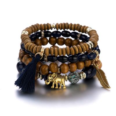 China Pray multi-storey European and American retro wood beads beautiful small glass beads elephant elastic strength bracelet for sale