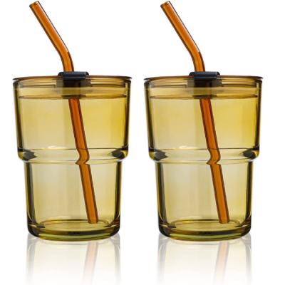 China Nordic Custom Clear 400ml Clear White Tumbler Borosilicate Travel Reusable Coffee Cup Drinking Glass Mug Cup With Straw/Lid for sale