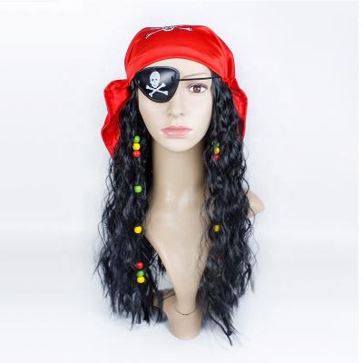 China Unisex Senior Captain Halloween Party Pirate Wigs Eye Patch Pirate Wigs High Temperature Curly Black Curly Cosplay Costume Props for sale
