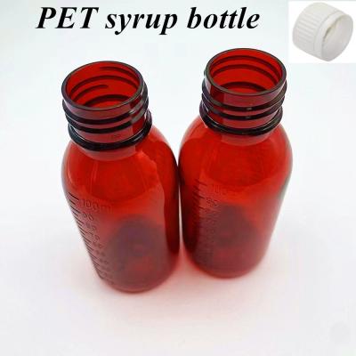 China 100ml 120ml Amber plastic syrup Bottles Pharmaceutical Pet Round Medicine Cough Syrup Bottle with CRC Caps for sale