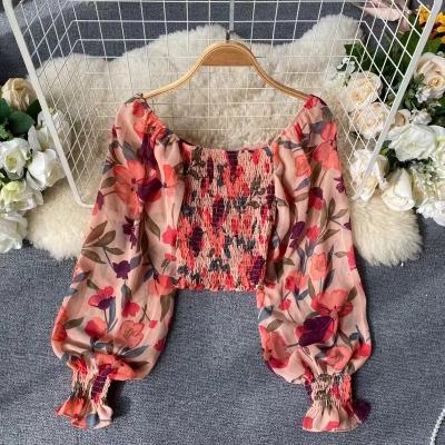 China Floral Print Ruffle Trim Crop Anti-Shrink Blouse for sale
