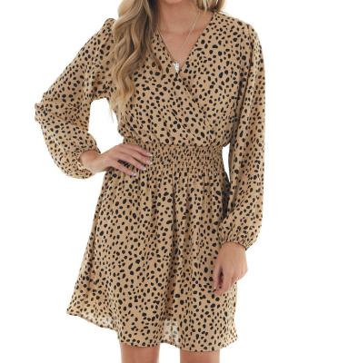 China Anti-Static Nude Bubble Long Sleeve Leopard Print Waist Smocked Short Dress for sale