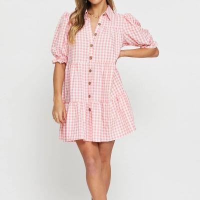 China Customized Quarter Sleeve Anti-Static Collared Neckline Button Front Gingham Tiered Smock Short Dress for sale